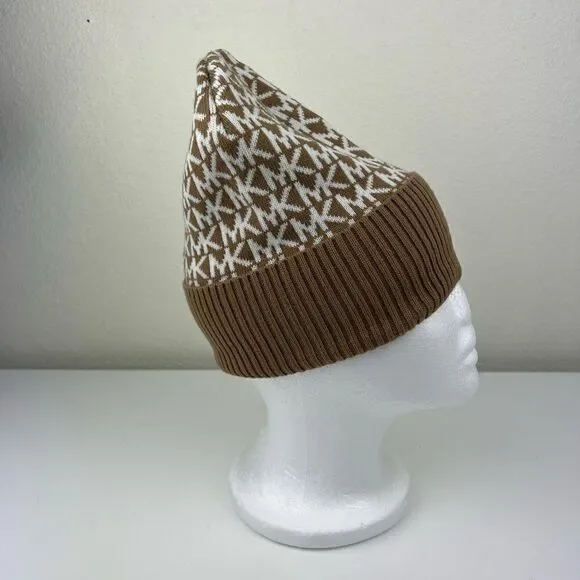Michael Kors MK Repeat Logo Knitted Beanie Hat, Camel /Cream, One Size - Picture 4 of 5